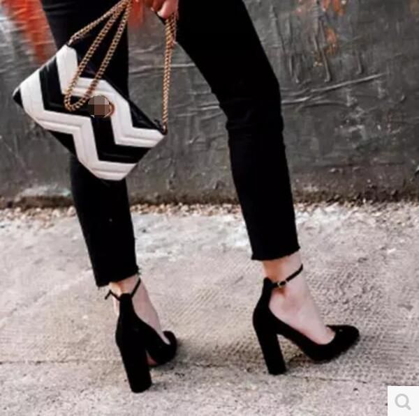 

2017 women high heels suede pumps party shoes ladies ankle strap buckle pumps chunky heel gladiator sandals point toe dress shoe, Black