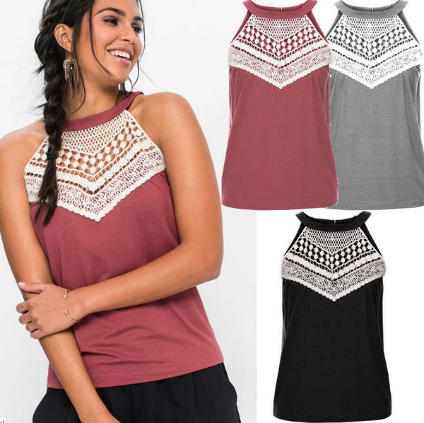 

Ladies Casual Sleeveless Lace Pullover Patchwork Crochet Paneled Tops Womens Shirt Tank Vest