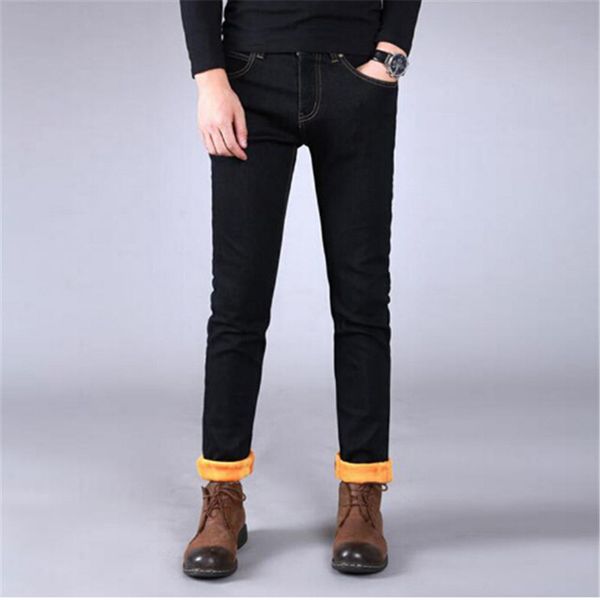 

wholesale- winter themal men warm jean trousers slim fit straight thick denim joggers for male fleece lined jeans pants plus, Blue