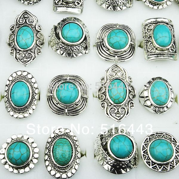 

vintage 10pcs wholesale jewelry lots turquoise stones antique silver plated women mens adjustable vintage rings a-146, Golden;silver