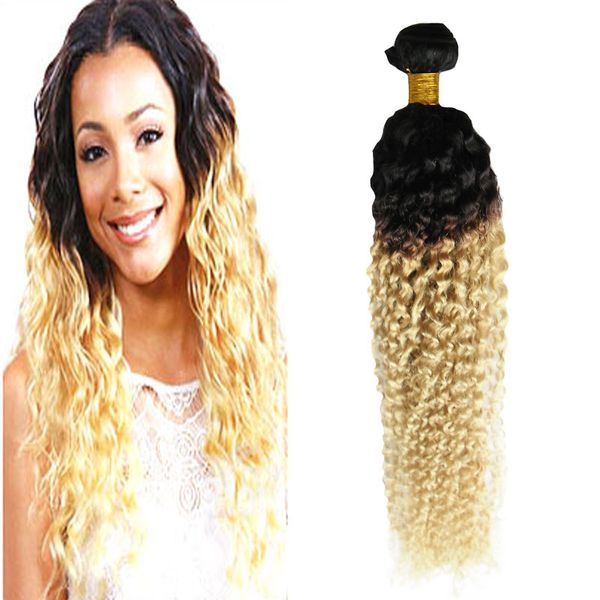 Ombre Weave Hair Blonde T1B / 613 Kinky Ricci Tessuto Dei Capelli Umani 100g mongolo tessuto crespi ricci capelli 1 PZ