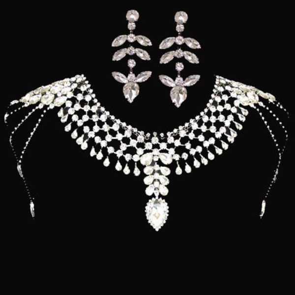 Halskette Hochzeit Braut Schulter Ganzkörperkette Halskette Ohrringe Set Silber Kristall Strass Wickelkette hinten Schmuck Abschlussball Zubehör C