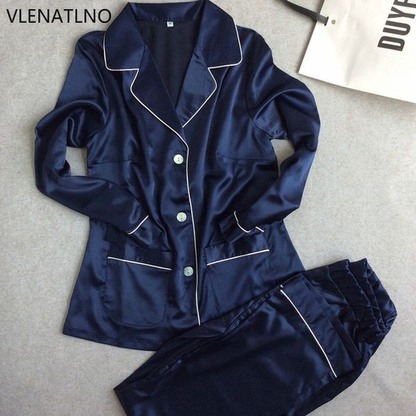 

wholesale- womens lace silk sleepwear pajamas sets satin spring autumn long-sleeved pyjama leisure loungewear navy blue set all seasons, Black;red