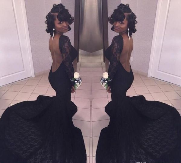 

на заказ 2017 сексуальные черные кружевные платья выпускного вечера русалка совок с длинным рукавом спинки вечерние платья для особых случае, Black