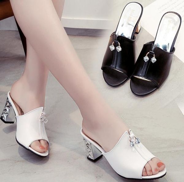 

female new high-heeled sandals thick heel rhinestones sandals, Black