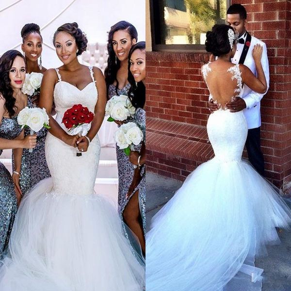 

african mermaid wedding dresses with spaghetti straps lace appliques long beach wedding dress tulle sheer back floor length bridal gowns, White