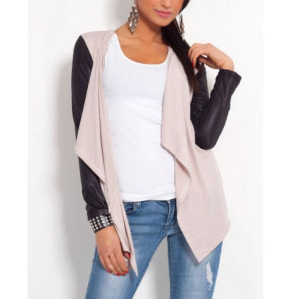 

wholesale-women pu leather sleeve irregular sweater cardigan casual knit coat outwear, White;black