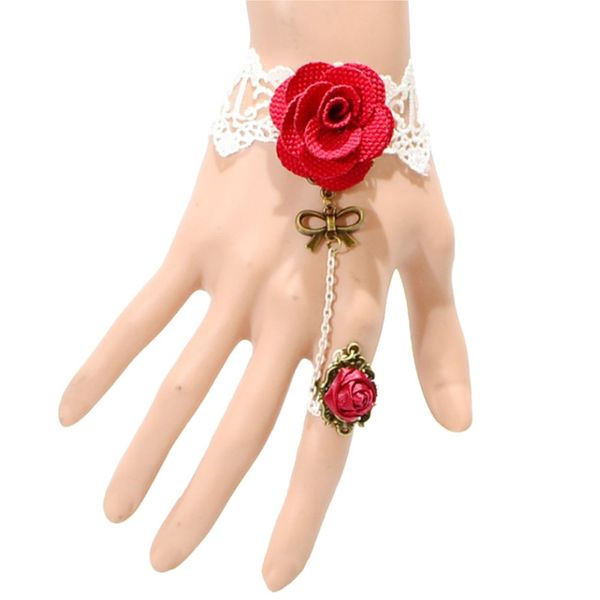 

br9045 women men cute gothic style red rose lace bracelet, Golden;silver