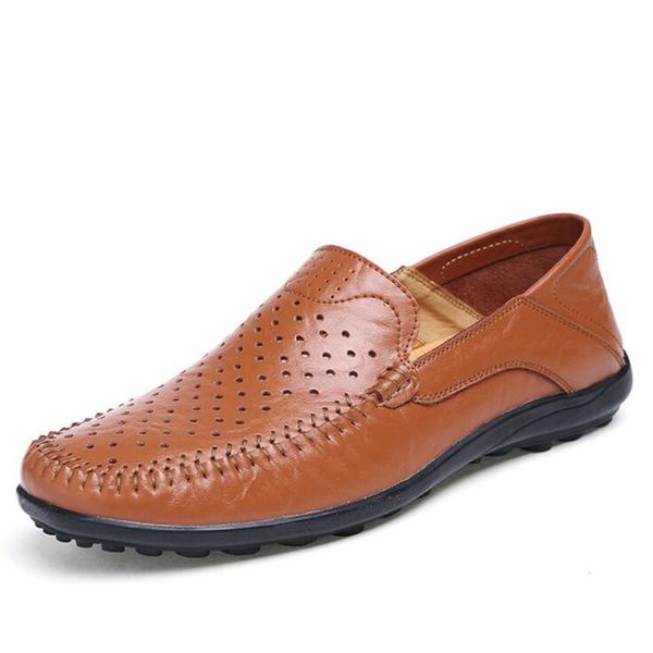 

new genuine leather man business shoes male breathable hole shoes classic summer loafers driving shoes plus size, Black