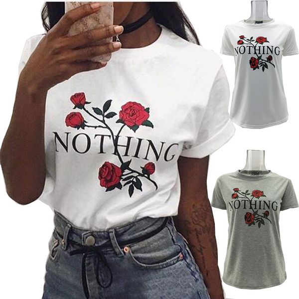 

2017 nothing letter printing t-shirt women rose flower o neck white t shirt women cotton short sleeve