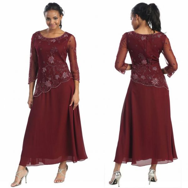 Plus Size Chá Comprimento Mãe de Noiva Vestidos 3/4 Grânulos de Manga Sppliqued Vintage Vestido de Noite Formal Um vestido de convidado de casamento