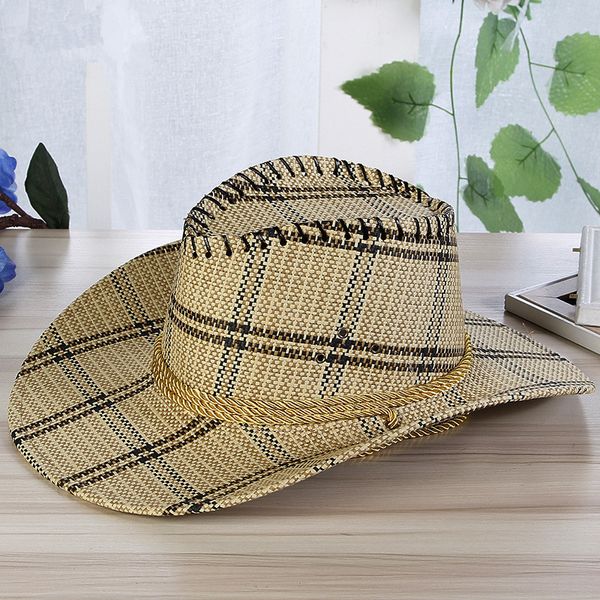 Cappello da cowboy in paglia scozzese da uomo con corda Cappellino occidentale con visiera selvaggia da donna Sottogola Cowgirl Cappelli da sole Cappellini estivi unisex Protezione UV