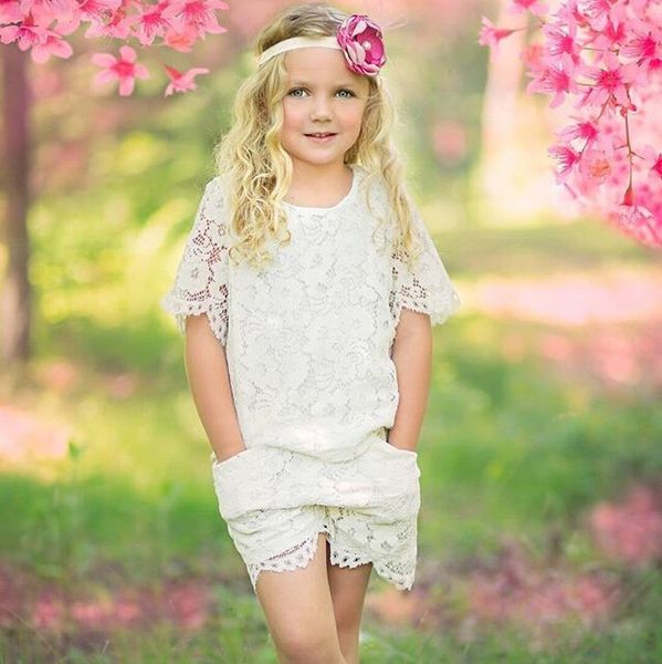 

toddler clothing baby kids girls lace outfits solid short sleeve princess t shirt shorts pocket lace pants girls outfits baby clothes set, White
