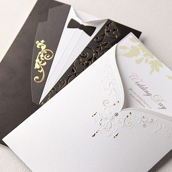 

wholesale- (10 pieces/lot) western style bride and groom dress wedding invitation card white and black full dress shape wedding card cw2011