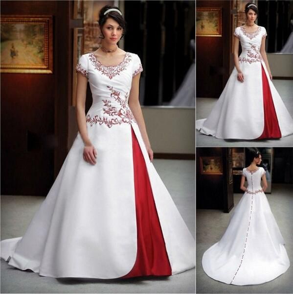 

красные и белые вышивки свадебные платья новые горячие продажи scoop декольте с коротким рукавом развертки поезд a-line атласные свадебные п, White