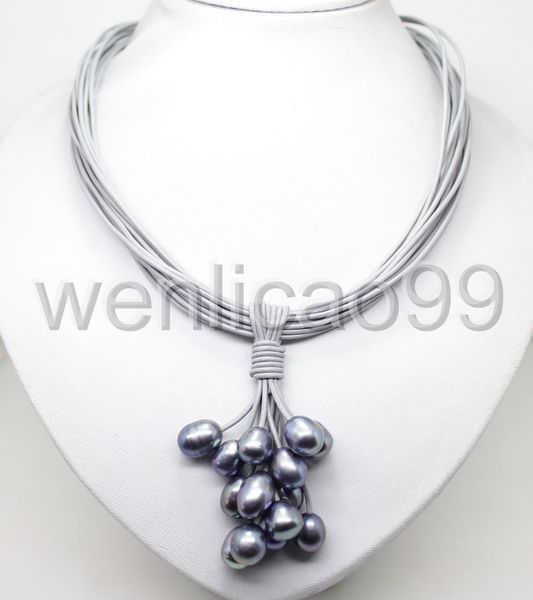 

fashion black pearl pendant necklace leather cord chain magnet clasp 18'', Silver