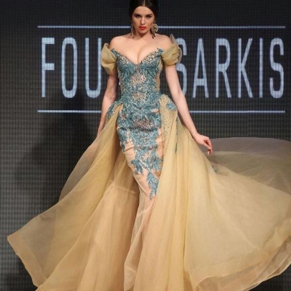 

потрясающие русалка длинные платья выпускного вечера с плеча бисером аппликации с коротким рукавом вечерние платья 2017 мода крем цветной кр, Black