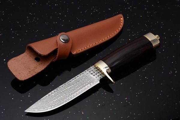 Wilderness Hunter Damascus Steel Survival Coltello dritto 59HRC Manico in legno Outdoor Tactical Campig Caccia Escursionismo Salvataggio Coltelli tascabili Custodia in pelle