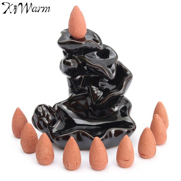 

wholesale- black porcelain backflow ceramic cone incense burner holder with 10 pcs cones incense stove buddhist gifts home decoration