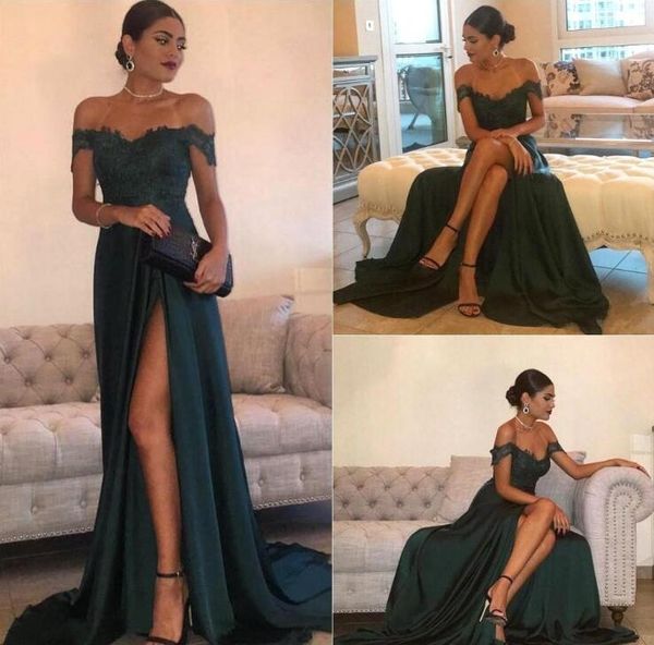 

темно-зеленый 2017 сексуальные платья выпускного вечера линия шифон off-the-плечо длиной до пола высокая сторона сплит кружева элегантный дл, Black