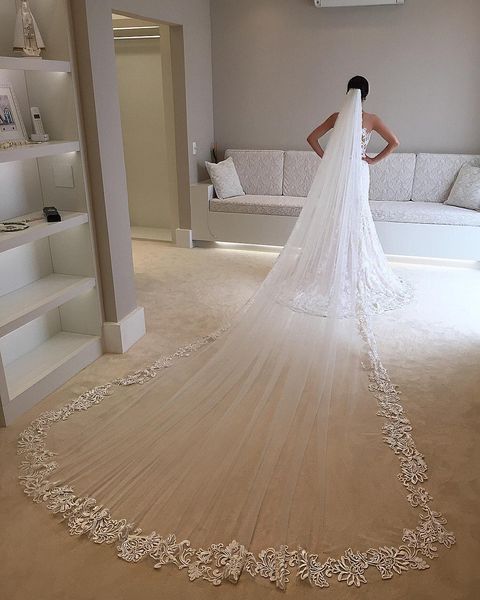 

new arrival one layer 3m long wedding veils appliqued edge tulle cathedral bridal veil with comb for bridal, Black