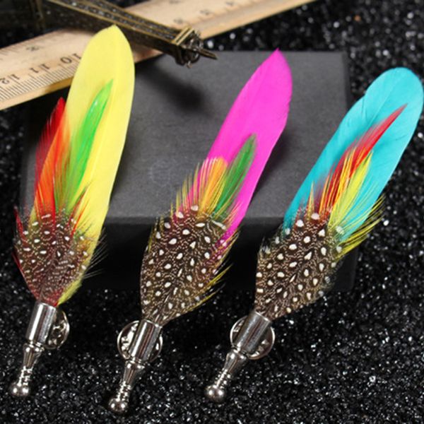 

handmade men lapel suit pin brooch colorful feather corsage boutonniere stick brooches pins anniversary wedding party breastpin, Gray