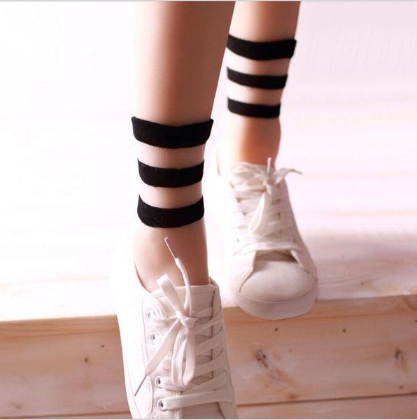 

wholesale-2016 new summer fashion socks wholesale transparent crystal japanese glass wool socks socks three bars, Black;white
