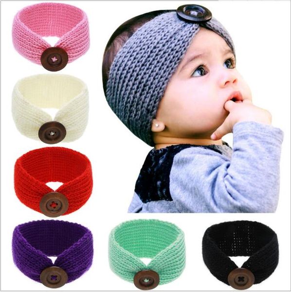 Новорожденные BabyFashion шерсть вязание пряжа оголовье вязать Hairband с помощью кнопки Декора Зимней новорожденный уха грелки Head Headwrap лыжного Hairband