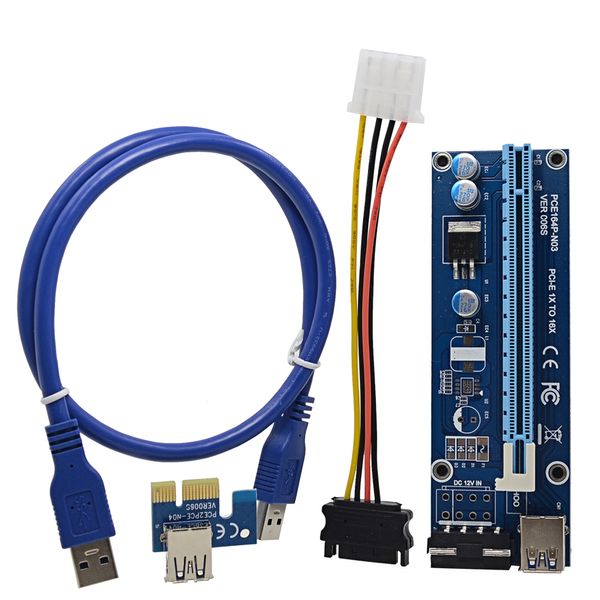 Freeshipping 100PCS 0,6M PCI-E Riser Karte PCIe 1x bis 16x Extender mit USB 3.0 Datenkabel / Molex Netzteil für BTC LTC ETH Miner
