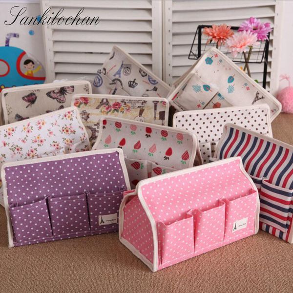 

wholesale- new fabric cotton and linen 6 pocket tissue box home decoration seat type home car tissue case napkin holder for paper towels