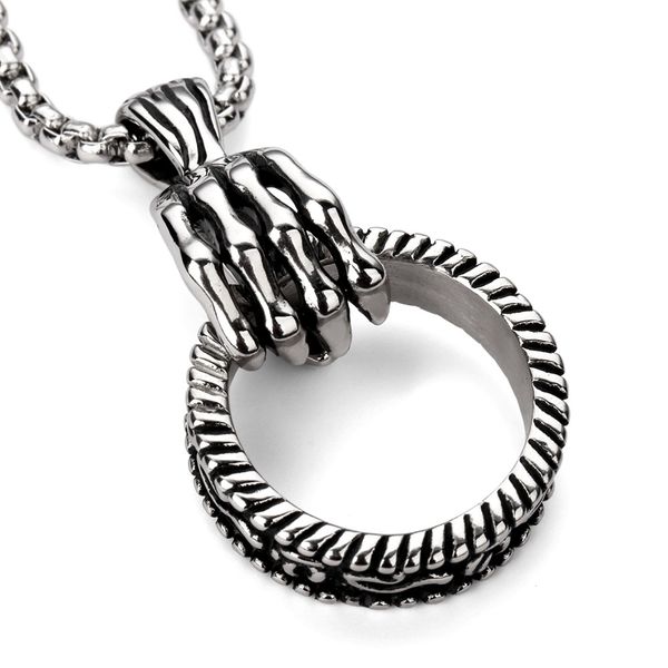 

europe and the united states popular new skeleton hand grasping hoop hip hop necklace pendant hiphop jewelry stainless steel men and women, Silver
