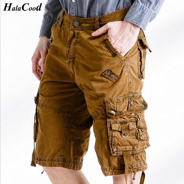 

wholesale- halacood fashion quality new summer calf-length cargo mens cotton shorts multi-pocket solid male puls size beach shorts fat, White;black