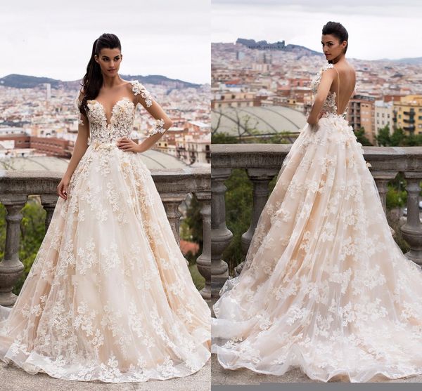 

2017 champagne lace ball gown wedding dresses turkey long sleeves arabic wedding gowns vestido de noiva manga backless bride dress, White