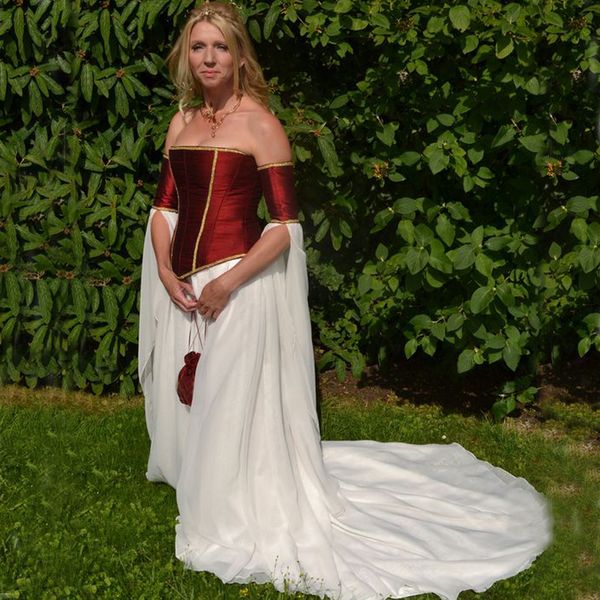 Средневековые свадебные платья Бордовый Темно-красный и белый линия без бретелек корсет бюстье шифон старинные свадебные платья длинные формальные винтажная одежда