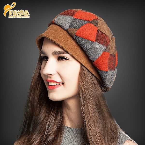 

wholesale-2016 new high-end fashion winter womens warm wool beret french artist plaid beanie hat ski cap hat b-0800, Blue;gray