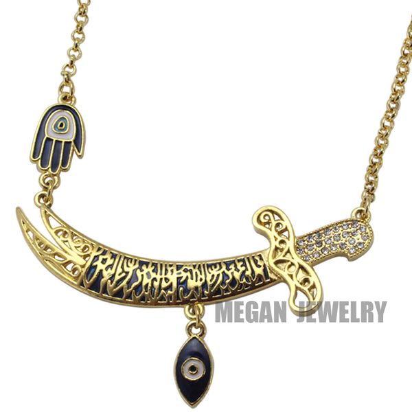 

wholesale-gold plated muslim turkish evil eye imam ali sword hamsa hand of fatima necklace, islam jewelry fashion 55cm chain, Silver