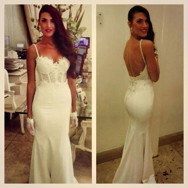 

new floor length mermaid wedding dress backless sweetheart spaghetti straps appliques lace bridal gowns vestidos de novia, White
