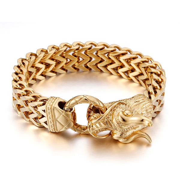 

punk design fine gifts 316l stainless steel gold biker dragon heads figaro chain men's large bracelet 9.8inched, Black