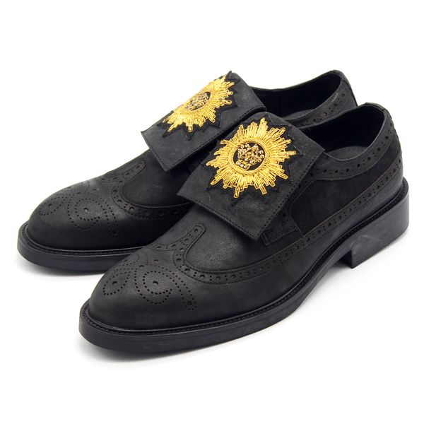 

gold rhinestone suede oil wax leather brogue carved men's shoe flat heel slip on spring summer goodyear cow men derby shoes, Black