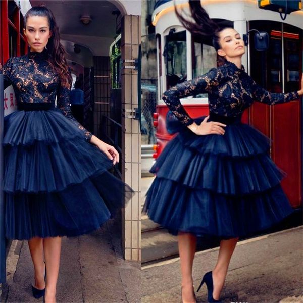 

navy blue knee length cocktail dresses short sheer high neck long sleeves lace women formal evening gowns a line party prom dress, Black