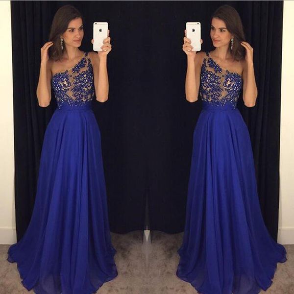 

illusion applique lace long one shoulder prom dress 2017 blue formal party gown with full beading crystals evening dresses, Black