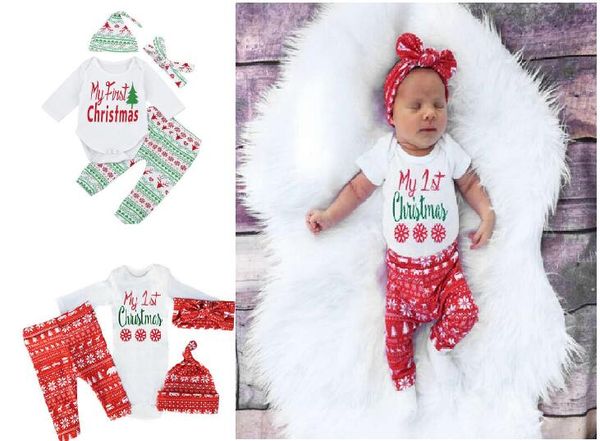 Yeni Moda Noel Casual Yenidoğan Bebek Boys Kız Romper Pantolon Hat başörtü Kıyafetler Seti Noel Giyim Tops