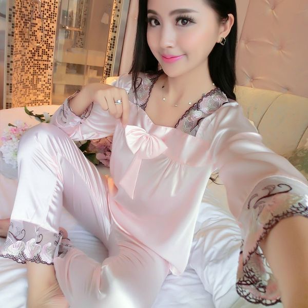 

wholesale- 2017 new spring autumn long sleeve silk pajamas female lace stitching satin sleepwear women bowknot lingerie plus size 3xl, Black;red