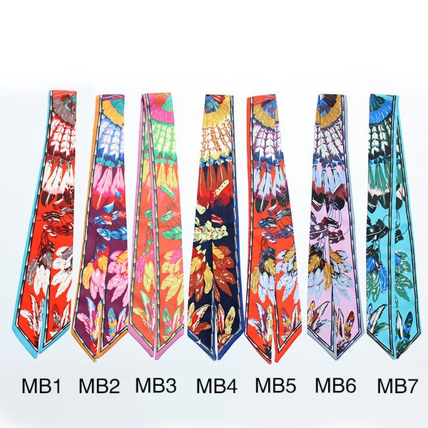 

wholesale- 7color new slender feathers printed scarf tied bag small narrow ribbon tied bag multifunction women scarves scarf ms. gift, Blue;gray