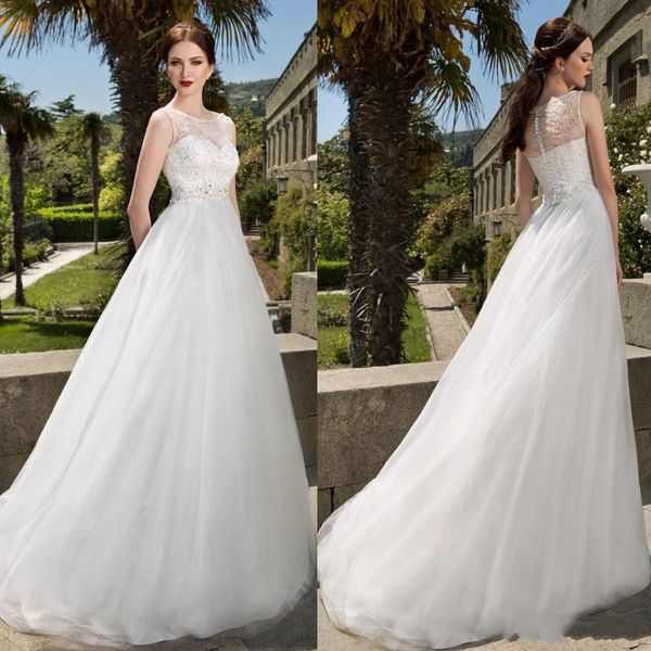 

2017 jewel neck sleeveless wedding dresses vintage long wedding gowns lace applique sequins tulle a line catalog beach bridal dresses, White