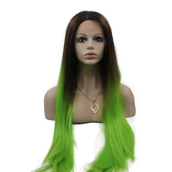 

long straight two tone lace front ombre green cosplay party wig, Black