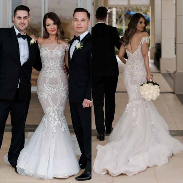 

2020 new steven khalil lace wedding dresses off the shoulder mermaid covered buttons plus size arabic bridal gowns custom made