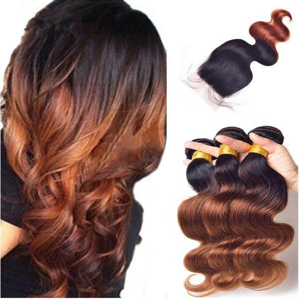 Ombre Color 1B 33 fasci di capelli umani con chiusura in pizzo 4 pezzi / lotto radice scura marrone 3 pacchi con chiusura per donna nera