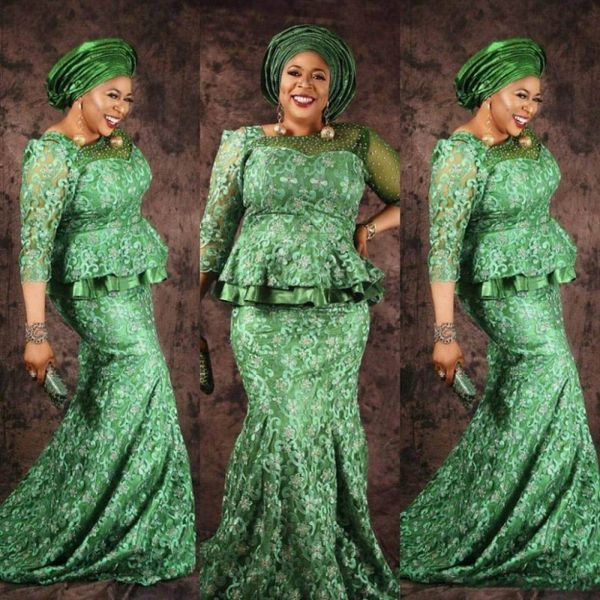 Plus Size Green Lace Vestidos de baile Sul-Africano Beading Sheer Decote mangas compridas Vestidos de noite Aso Ebi Arábia Saudita Arábia Formal Party Dress