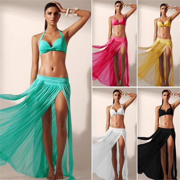 Saia transparente de verão pura chiffon feminino na cintura alta plissada partido sexy festa branca saia longa damas de praia casual cubra maxi